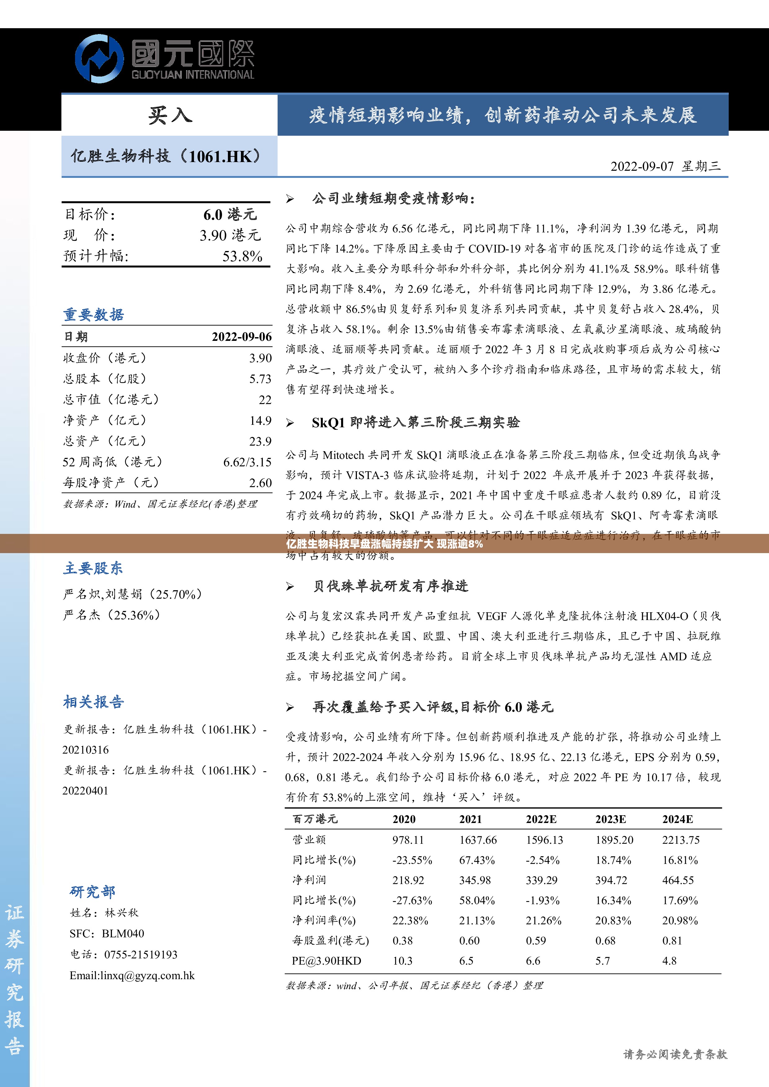 亿胜生物科技早盘涨幅持续扩大 现涨逾8%